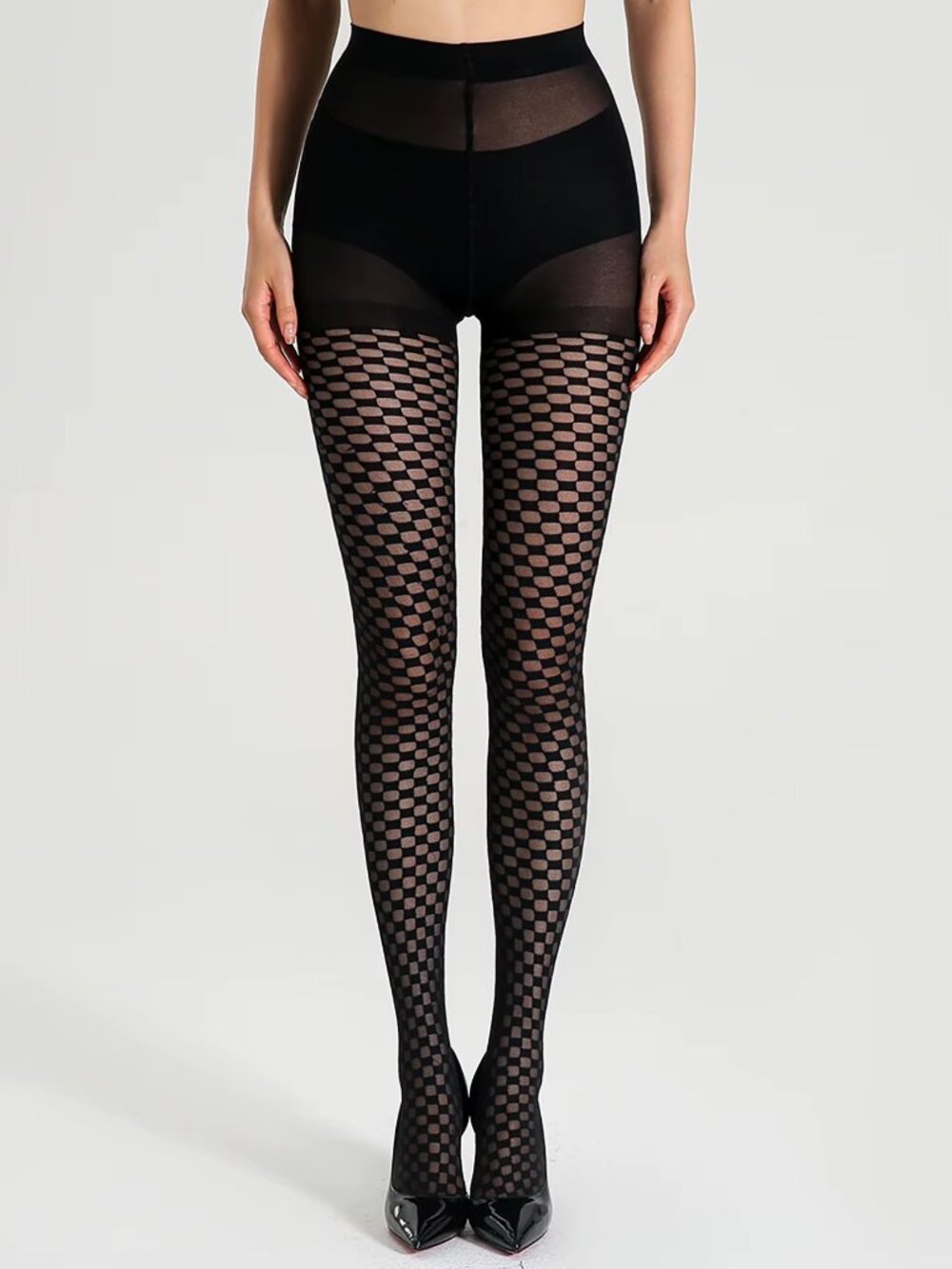 Women's Checkerboard Square Check Plaid Pattern Black Pantyhose Tights Stockings